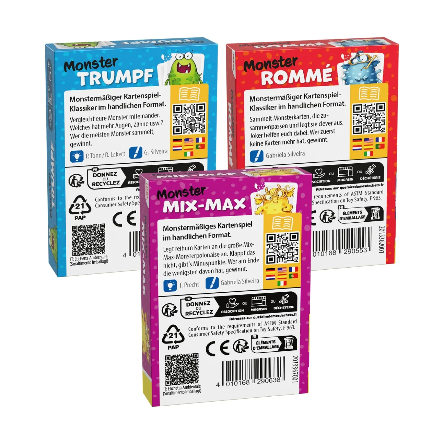 3er Set Kartenspiele, ab 5 Jahre – Monster Trumpf, Rommé, Mix-Max