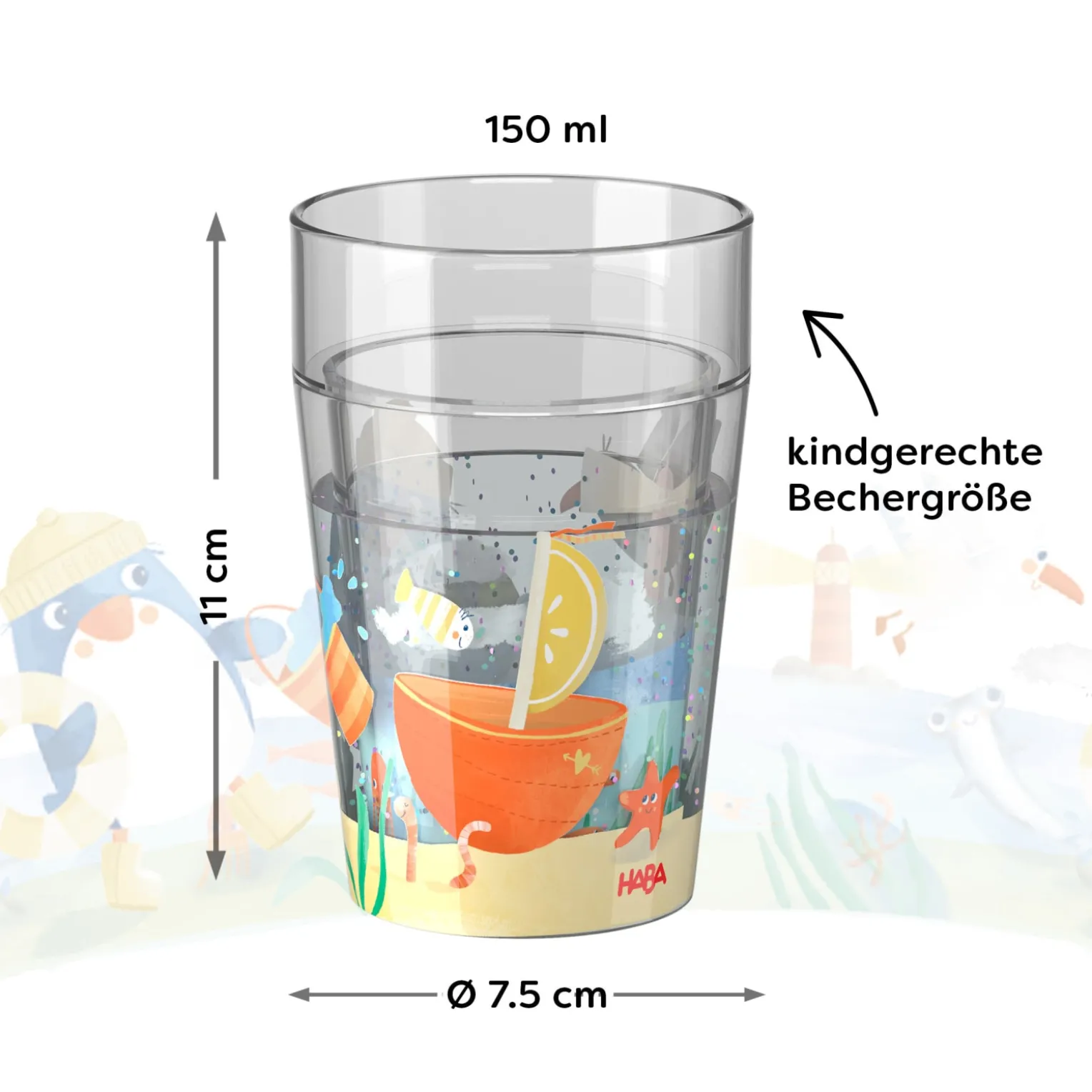 Glitzerbecher, Pinguin, Kinderbecher mit Schütteleffekt, BPA-frei