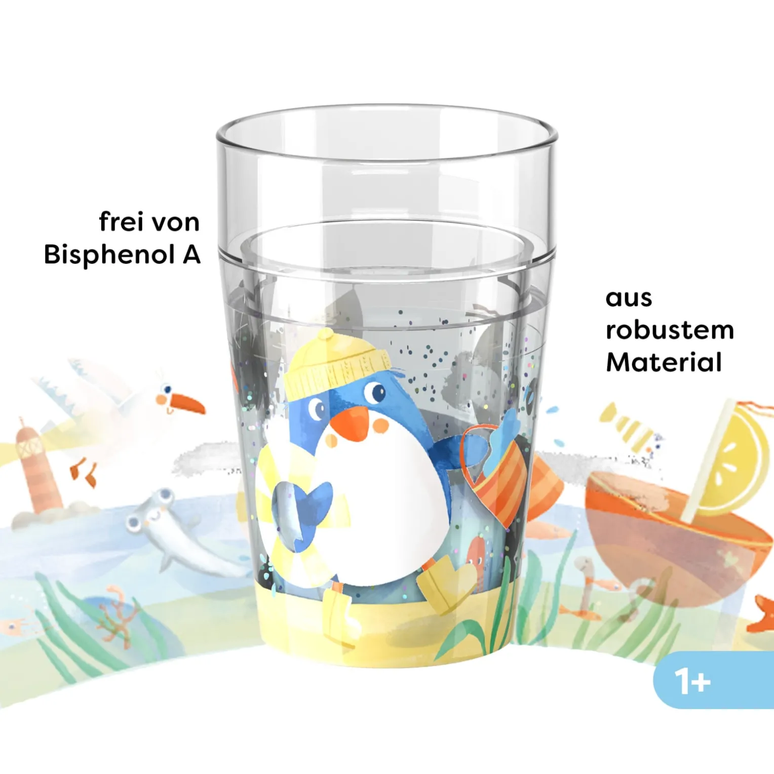 Glitzerbecher, Pinguin, Kinderbecher mit Schütteleffekt, BPA-frei