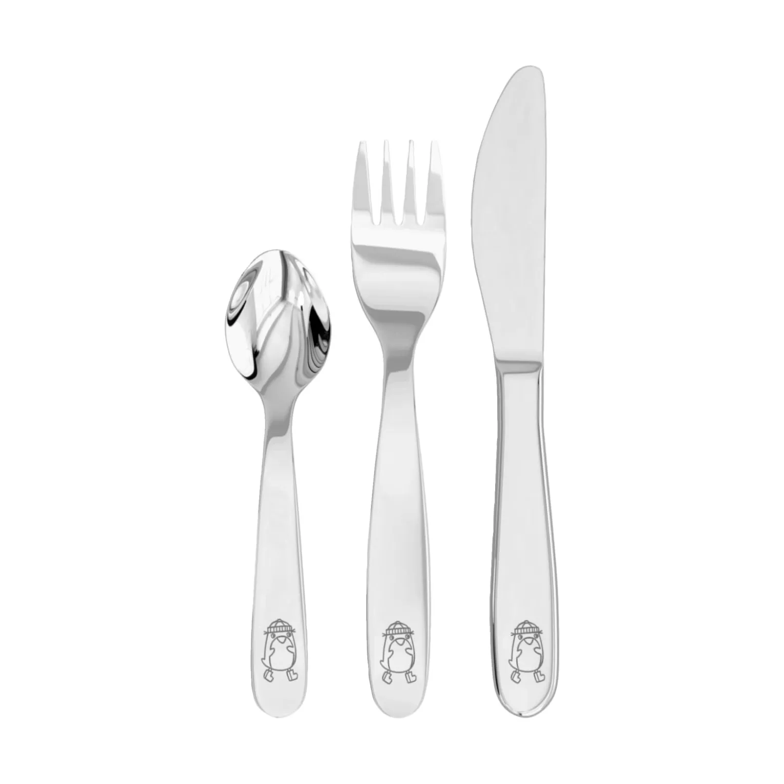 Kinderbesteck Pinguin, 3-teiliges Set mit Messer, Gabel, Löffel