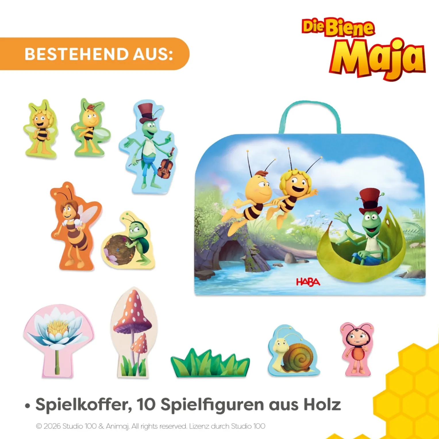 Spielkoffer, Die Biene Maja, mit 10 Holzfiguren, ab 18 Monaten