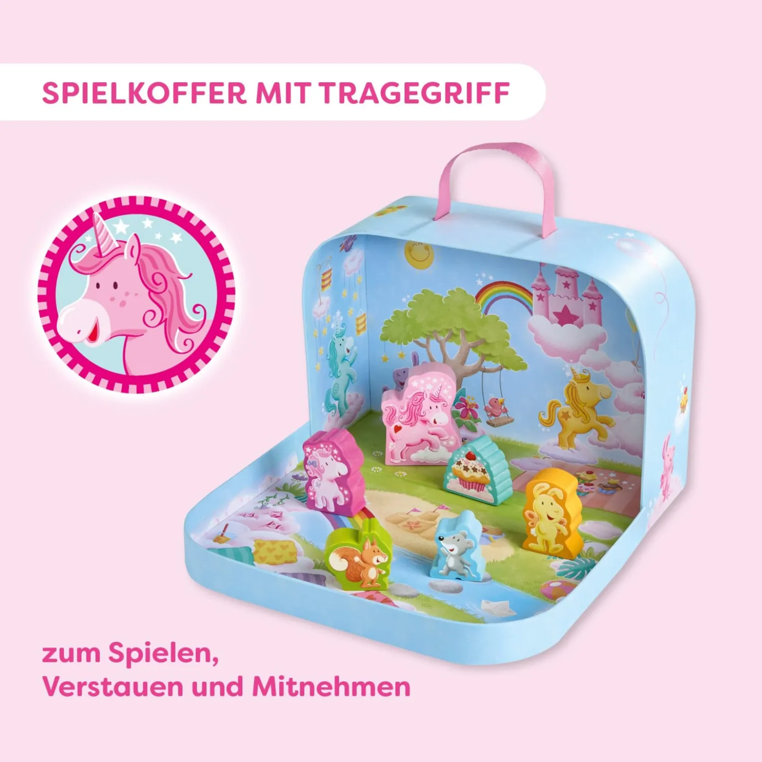 Spielkoffer, Einhorn Glitzerglück, mit 6 Holzfiguren, ab 18 Monaten